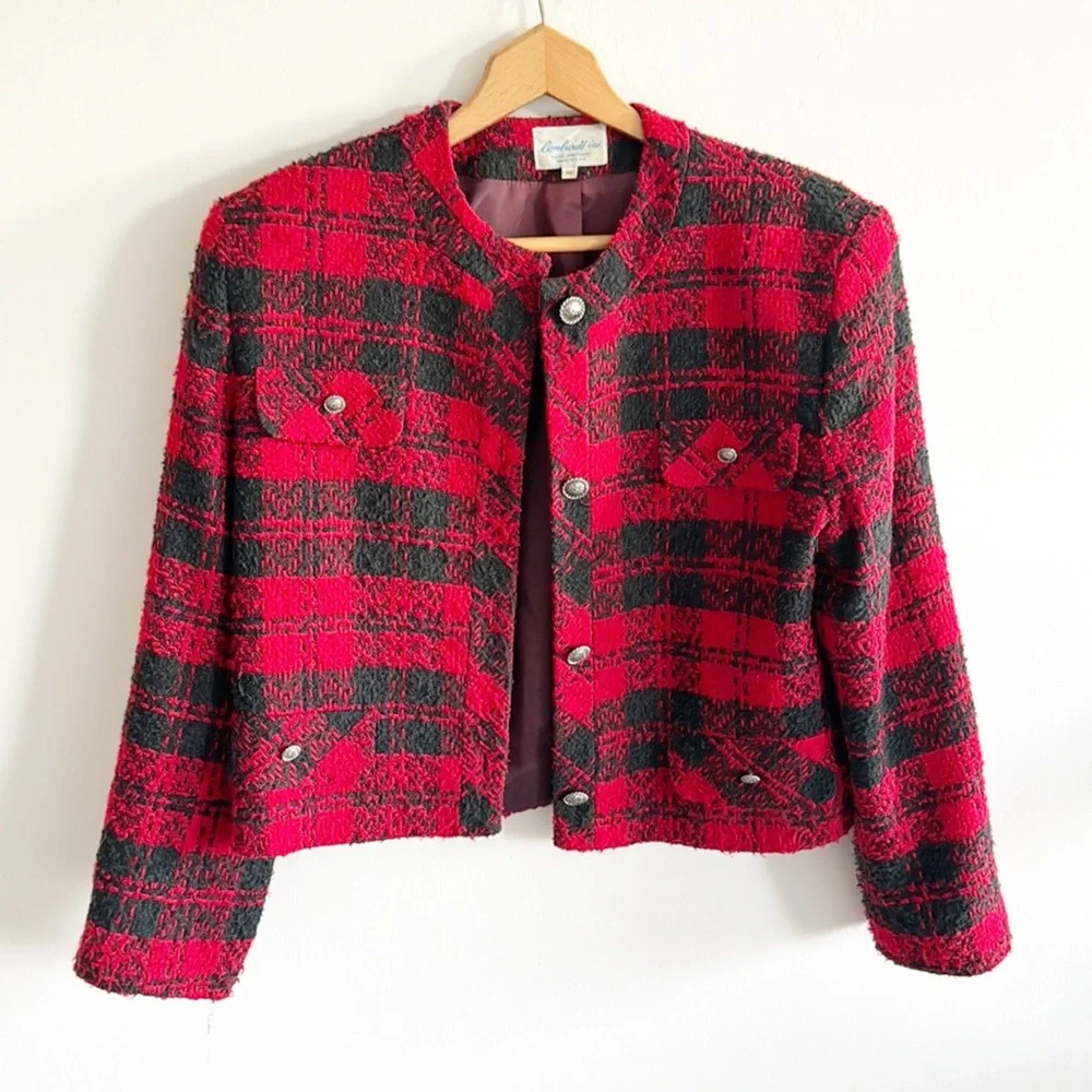 Classic Red & Black Plaid Tweed Cropped Blazer Jacket 10 L